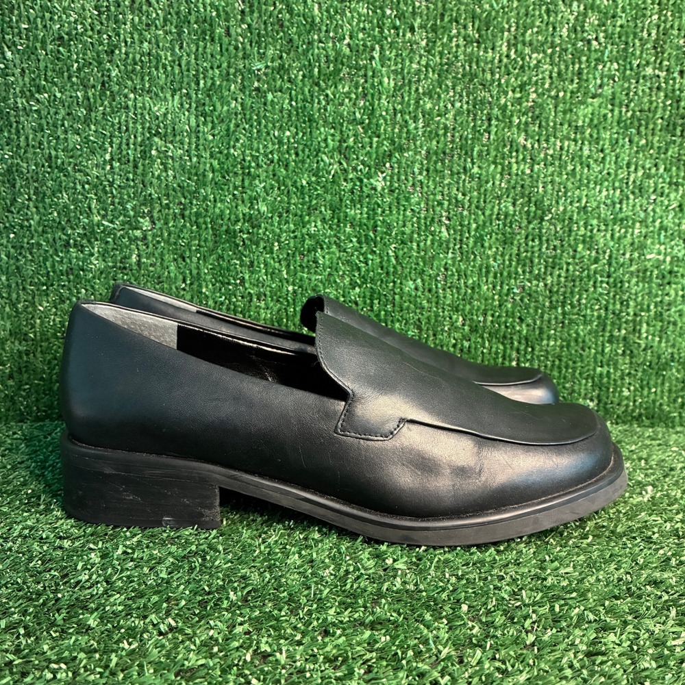 Franco Sarto Bocca Leather Square Toe Block Heel Loafers Flat Black Womens Sz 9M